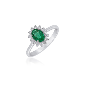 925 Sterling <b>Silver</b> Rhodium Plated <b>Emerald</b> <b>Ring</b> Cubic Zirconia Oval Gemstone Halo Engagement Wedding Anniversary Gift Jewelry - Product Image 1