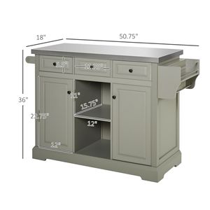Isola da Cucina Portatile Moderna Grigia su Ruote con Piano in Acciaio Inox, Portaspezie, Cassetti e Carrello Multiuso in Legno MDF - Product Image 3
