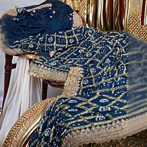 Sari de Seda Azul Marino con Bordado Zari Dorado, Elegante, Hasta la Rodilla, para Mujer, para Bodas/Fiestas/Diwali, de Secado Rápido y Elástico - Product Image 2