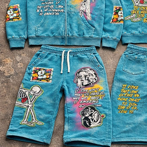 Ensemble de survêtement sportif personnalisé avec logo numérique, sweat à capuche zippé 100% coton, coupe courte, effet délavé vintage, surdimensionné pour homme - Product Image 3