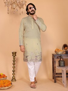 Ensemble Kurta Pyjama en Lin et Coton Durable avec Broderie et Sequins, Tenue Ethnique pour Hommes, Idéal pour Mariages, Festivals et Soirées - Product Image 2