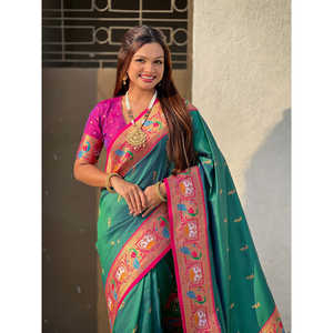 Green Soft Silk Swan Rajhans Paithani Saree 650g Elite Weaves <b>Indian</b> & <b>Pakistani</b> <b>Clothing</b> - Product Image 5