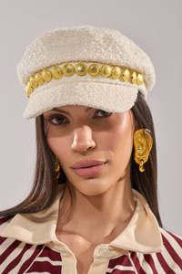 Béret en coton crème avec garniture boutonnée dorée, chapeau ajusté unisexe, style streetwear, mode décontractée, à porter au printemps et en été - Product Image 4