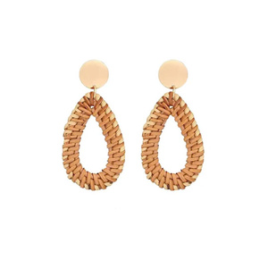 Handmade Rattan Hoop Earrings Bohemian Style Fan Shape Unisex Jewelry Natural Wicker Crafted Earrings - Product Image 2