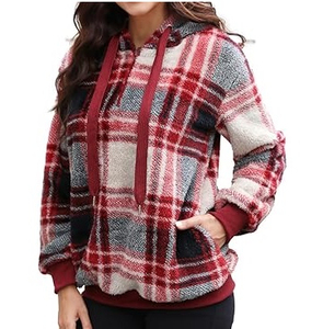 <b>Women's</b> <b>Red</b> Plaid Flannel Sherpa <b>Hoodie</b> Casual Long Sleeve Pullover with Kangaroo Pocket - Product Image 3