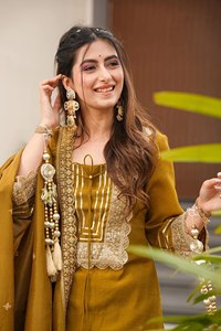 Conjunto Indio-Pakistaní de Seda con Bordado de Mostaza, Kurta Anarkali con Dupatta para Mujer, Traje para Bodas, Fiestas y Diwali - Product Image 4