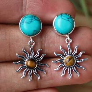 Wholesale Turquoise Tiger Eye <b>Sun</b> Earrings 925 Sterling Silver Handmade Celestial Gemstone Dangle Earrings for Women - Product Image 5