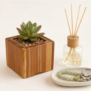 Custom Modern Minimalist Wooden Succulent Planter <b>Square</b> Hand-Carved Natural Wood Flower <b>Pot</b> for Desktop Decor and Garden Decor - Product Image 2