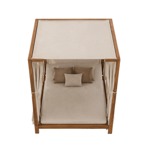 Solid Teak Wood Canopy Bed with Upholstered Cushion Curtains Four Poster Platform Bed for Hotel Resort Villa Bedroom Furniture - Product Image 5