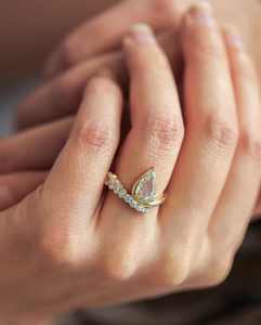 Pear Cut <b>Yellow</b> Solitaire Engagement Ring with Curved Diamond Band 14K 18K <b>Yellow</b> Gold Bridal Lab Grown Diamond Ring Wholesale - Product Image 4