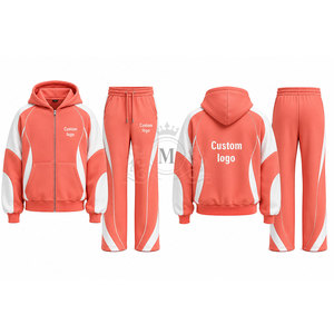 Custom Logo Coral White Color Blocking Tracksuit 100% Set Full <b>Zip</b> <b>Hooded</b> 450 Gsm Sweatshirt Pants - Product Image 5