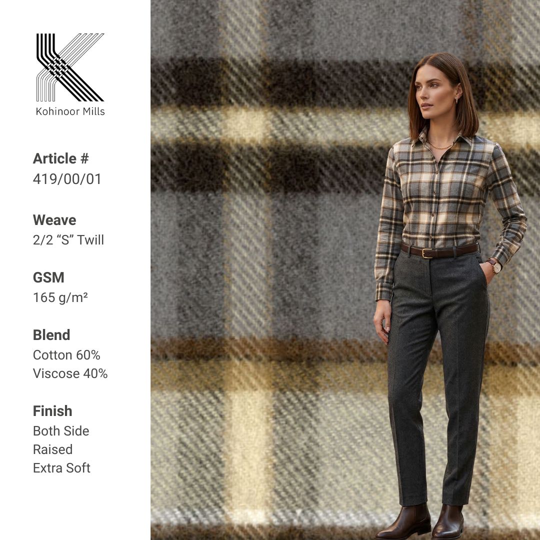 Yarn Dyed Cotton Viscose Twill Fabric 165 GSM Plaid Brushed Soft Finish OEM ODM Wholesale Manufacturer Cotton Shirting Fabric