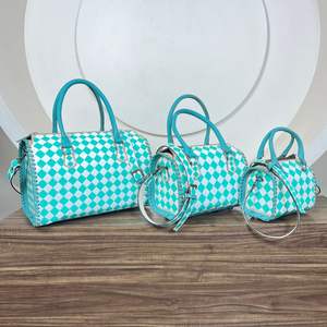 Premium Large Hand Tooled Leather Speedy <b>Bag</b> with Turquoise & White Checkered Pattern Crossbody <b>Travel</b> <b>Duffel</b> <b>Bag</b> for Women's - Product Image 5