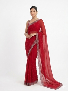 Sari rouge brodé avec des paillettes, longueur au sol, tenue traditionnelle indienne pour mariage, pour femmes - Product Image 3