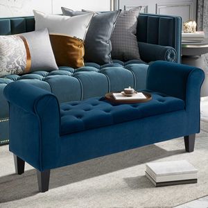 Panca contenitore imbottita in velluto blu con braccioli arrotolati e capitonné, ideale per casa, ufficio, ingresso, appartamento, ospedale - Product Image 4