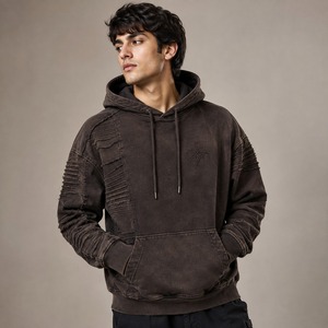 Premium Soft Fabric Relaxed <b>Pullover</b> Fit Washed Distressed Style With Decorative Embroidery <b>Men</b> Distressed Embroidery Hoodies - Product Image 4