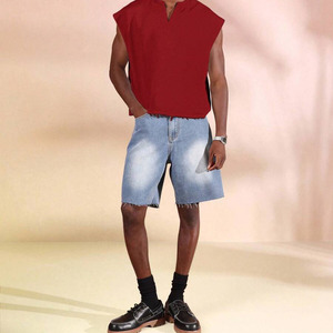 Summer Sportswear Short Solid Jersey V-neck Sleeveless Breathable T-shirt For Men Cotton <b>Maroon</b> Loose Fit 260gms Sleeveless <b>Top</b> - Product Image 5