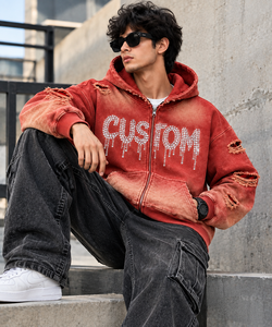 Custom Oversized Distressed Zip Up <b>Hoodie</b> Mens Streetwear Washed Rhinestone Graphic <b>Long</b> Sleeve <b>Hoodie</b> For Unisex Wear - Product Image 5