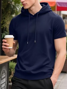 Camiseta de Manga Corta con Capucha para Hombre, Color Gris, Corte Ajustado, Tejido de Algodón, Informal, para Verano, Diseño Transpirable de Color Sólido - Product Image 3