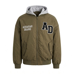 Chaqueta Varsity con Capucha Color Verde Oliva para Hombre, Marca Addahar, con Logotipo AD Bordado, Cierre de Cremallera, Estilo Preppy, para Otoño - Product Image 1