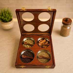 Wood Spice <b>Box</b> Organizer 4 Compartments Handmade Rustic Kitchen <b>Herb</b> Storage Container Durable Natural Wood Masala Spice Tools - Product Image 3