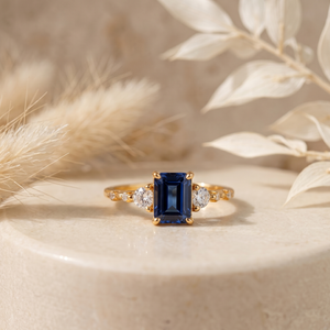 Bague de luxe en gros plaquée or jaune 18 carats avec pierre bleue taille émeraude, personnalisable en moissanite / zircone cubique, bijoux de mariage et de fiançailles - Product Image 1