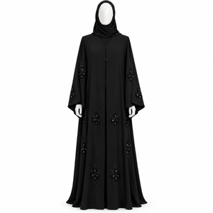 Abaya noire de qualité supérieure pour femmes avec broderie perlée |   Robe musulmane modeste à manches longues, tenue islamique ample et élégante, abaya - Product Image 1