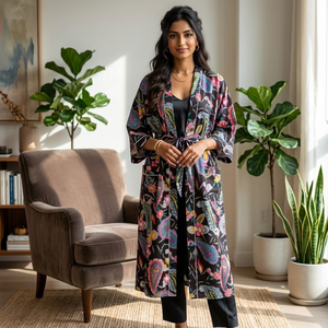 Bata Kimono Negra con Estampado Floral Paisley, Cuello en V, Manga Larga, Hecha a Mano, de Algodón, para Descansar, con Cinturón Ajustable, Estilo Boho Resort - Product Image 3