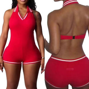 Combinaison moulante à logo personnalisé pour femmes Sexy dos nu licou col en v coton une pièce barboteuse solide vêtements de nuit Shorts fêtes d'été - Product Image 4