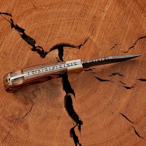 Couteau pliant en acier Damas à succès avec verrouillage arrière, poignée en bois Pakka, fourreau, couteau de poche EDC pour camping, OEM - Product Image 3