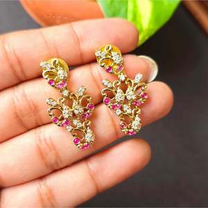 Fine Jewelry Bridal <b>Necklace</b> and Earring Set with <b>Ruby</b> and Zircon Gold Polish Peacock Design - Product Image 3
