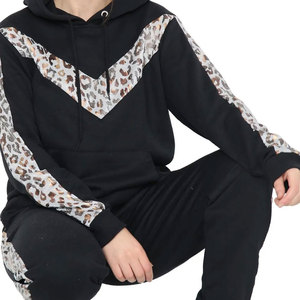 Ensemble de survêtement à capuche imprimé léopard pour femmes, noir, manches longues, coupe ample décontractée avec poches latérales, tenue d'automne - Product Image 6