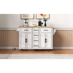 K & K 56,5 ''isla de cocina blanca Drop Leaf Cart toma de corriente en relieve rayas verticales ruedas rodantes 4 puertas 5 cocina profunda - Product Image 5