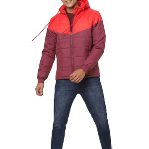 Men's Hooded Color Blocking <b>Puffer</b> <b>Jacket</b> Red And <b>Burgundy</b> Winter Thick Polyester Windproof Casual Zipper Front - Product Image 5