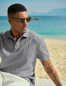Camisa Polo Casual de Punto Texturizado para Hombre, Camisa de Golf Elástica de Manga Corta, Camisas con Cuello para Hombre para Vacaciones de Verano en la Playa - Product Image 6