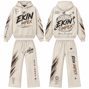 Conjunto de Sudadera con Capucha y Pantalones Deportivos Unisex Ekin Impex para Hombre, Blanco, 100% Algodón, Felpa, Lavado Ácido, 460g, Secado Rápido, Invierno, Traje Deportivo Sólido de Alta Calidad - Product Image 2