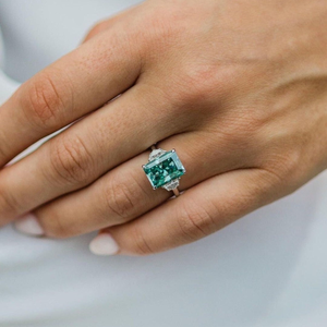 Radiant Cut Hidden Halo <b>Ring</b> Green Moissanite Three Stone <b>Ring</b> White Gold Engagement <b>Ring</b> 10K Solid Gold Half <b>Moon</b> Cut Cz <b>Ring</b> - Product Image 1