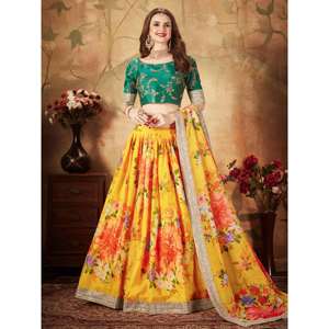 Lehenga Choli de Organza con Estampado Floral Amarillo-Verde, Semi-Cosido, 3000g, Fabricación Manual, Ropa Zeel - Product Image 2