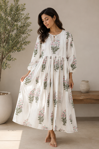 Bohemian Hand Block Printed Cotton Maxi <b>Dress</b> Women <b>Long</b> Puff Sleeve Tie Neck Floral Casual Summer <b>Beach</b> <b>Dresses</b> Wholesale - Product Image 1