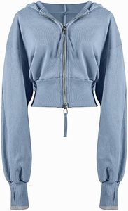 Sudadera con capucha corta de tejido grueso lisa para mujer, con logotipo personalizado, estilo Techwear, manga tipo bispo y cremallera bidireccional. - Product Image 6
