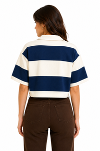 Camiseta de Rugby Corta para Mujer Livster, Corte Regular, Jersey a Rayas, Transpirable, Manga Corta, Cuello Redondo, Casual, Azul Marino y Blanco - Product Image 3