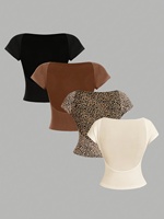 Haut court ample personnalisable de haute qualité pour femme, col rond, épaules tombantes, manches courtes, couleur unie, tricoté, respirant, séchage rapide