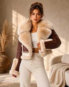 Chaqueta Bomber Casual para Mujer, Forrada de Piel Sintética Marrón, con Cinturón, Corta, para Invierno, con Ribete de Peluche, sin Mangas - Product Image 1