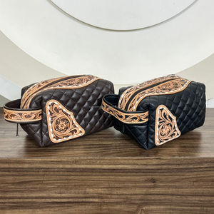 Factory Wholesale Diamond Lattice Hand Tooled Quilted Leather <b>Travel</b> <b>Cosmetic</b> <b>Bag</b> Makeup <b>Bag</b> Multifunctional <b>Travel</b> Toiletry <b>Bag</b> - Product Image 4