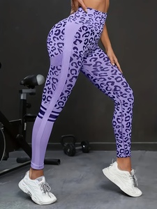Leggings de yoga taille haute à imprimé léopard violet, longueur intégrale, avec bande latérale, extensibles dans les quatre sens, taille élastique - Product Image 3