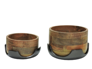 Ensemble de bols en bois rustique avec support en aluminium noir - Plateaux de service ronds en bois naturel décoratifs pour comptoir de cuisine et décoration intérieure - Product Image 3