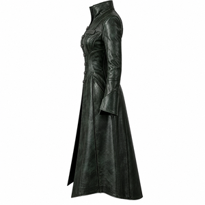 Forest Dark Green Leather Trench <b>Coat</b> Metal Clasp Stand Collar Long Duster Outerwear <b>Womens</b> Custom Factory Provider - Product Image 4