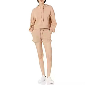 Ensemble 2 pièces pour femmes, sweat-shirt court à capuche et short en tricot, couleur unie, coupe ample, tenue décontractée, printemps-été - Product Image 6