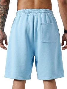 Pantalones cortos deportivos holgados de algodón polar de alta calidad, color azul liso, con bolsillos laterales y cordón largo, pantalones cortos de baño. - Product Image 5