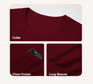 <b>Men</b> <b>Red</b> Long Sleeve Knitted Casual <b>Shirt</b> Solid Color V-Neck Full Sleeve Autumn Wear Cotton Fabric tMen Long Sleeve Casual - Product Image 2